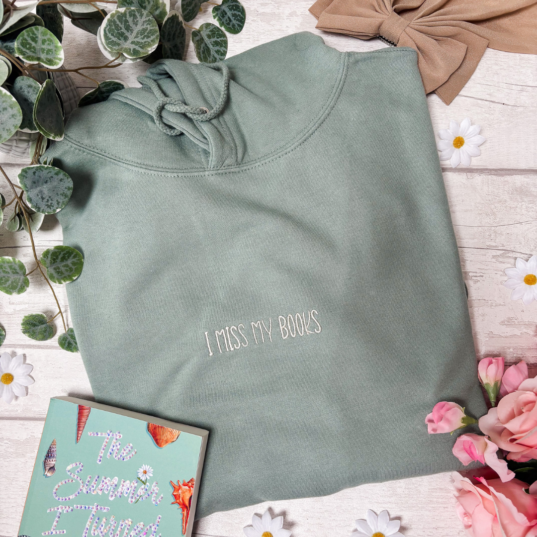 L - I Miss My Books Sage Green and Cream Hoodie
