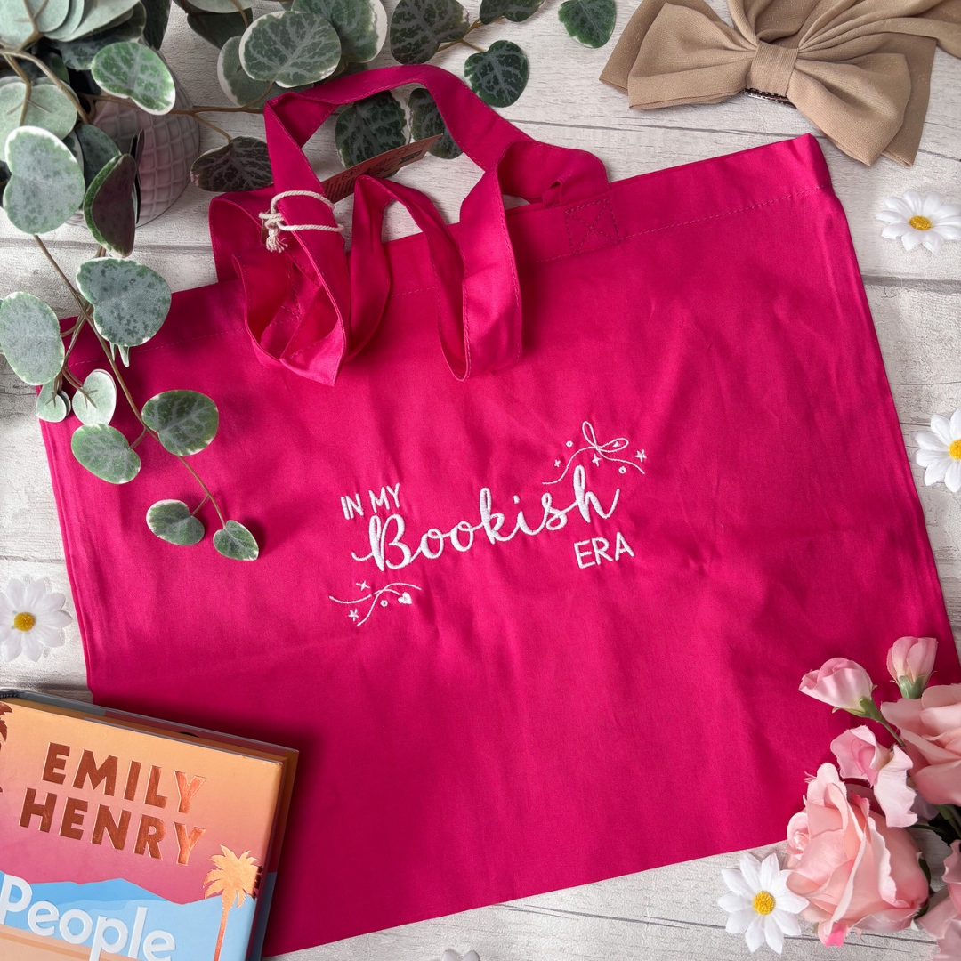 Tote - In My Bookish Era Fuchsia Pink with White Embroidery