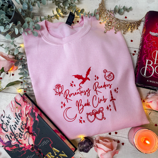 XXL - Romantasy Reader Pink with Red Embroidery Sweatshirt