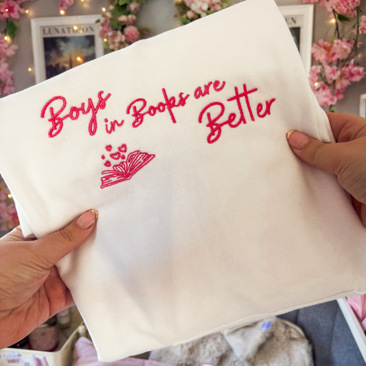 S - Boys in Books are Better White with Fuschia Pink Hoodie