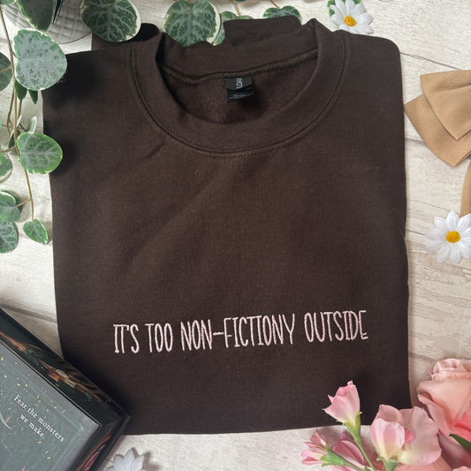 S - It's too Non Fictiony Brown with Pale Pink Embroidery Sweatshirt