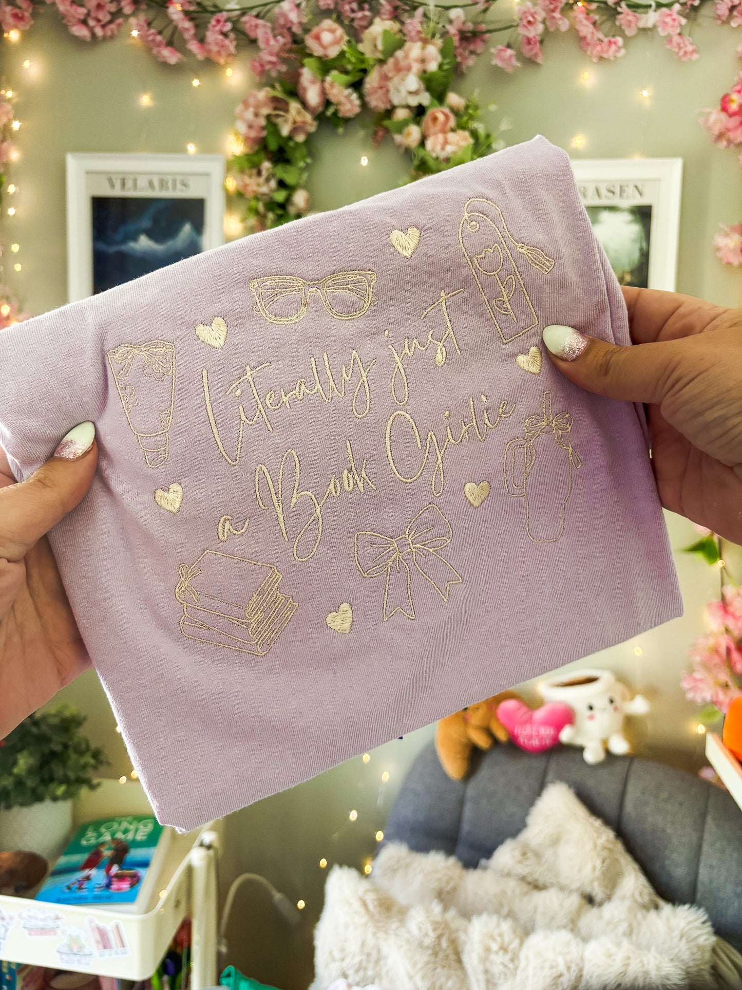 M - Literally just a Book Girlie Lilac with Cream Thread T-shirt